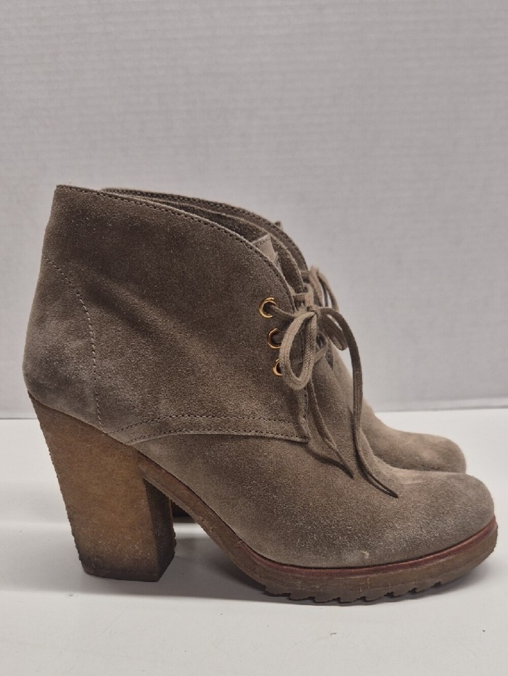 Prada Ankle Boots Suede Bootie Block High Heel Lug Sole Brown Lace Up Size 7.5